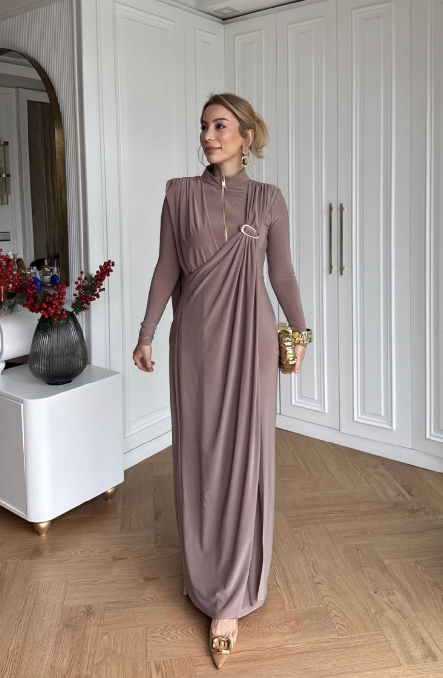 Elysian Front-Zip Pleated Evening Jumpsuit