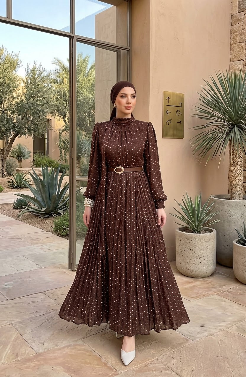 Polka-Dot Pleated Maxi Dress
